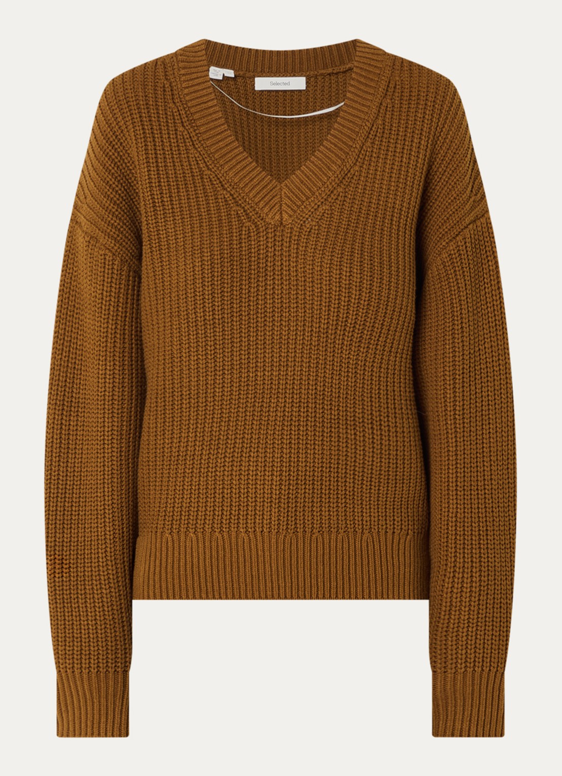 Selected Selma grofgebreide trui met V-hals - voorkant 2 cognac