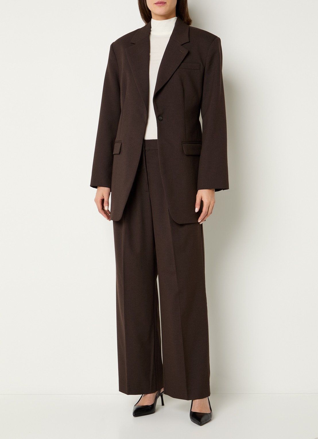 Selected Sienna high waist loose fit pantalon in wolblend - voorkant 3 bruin