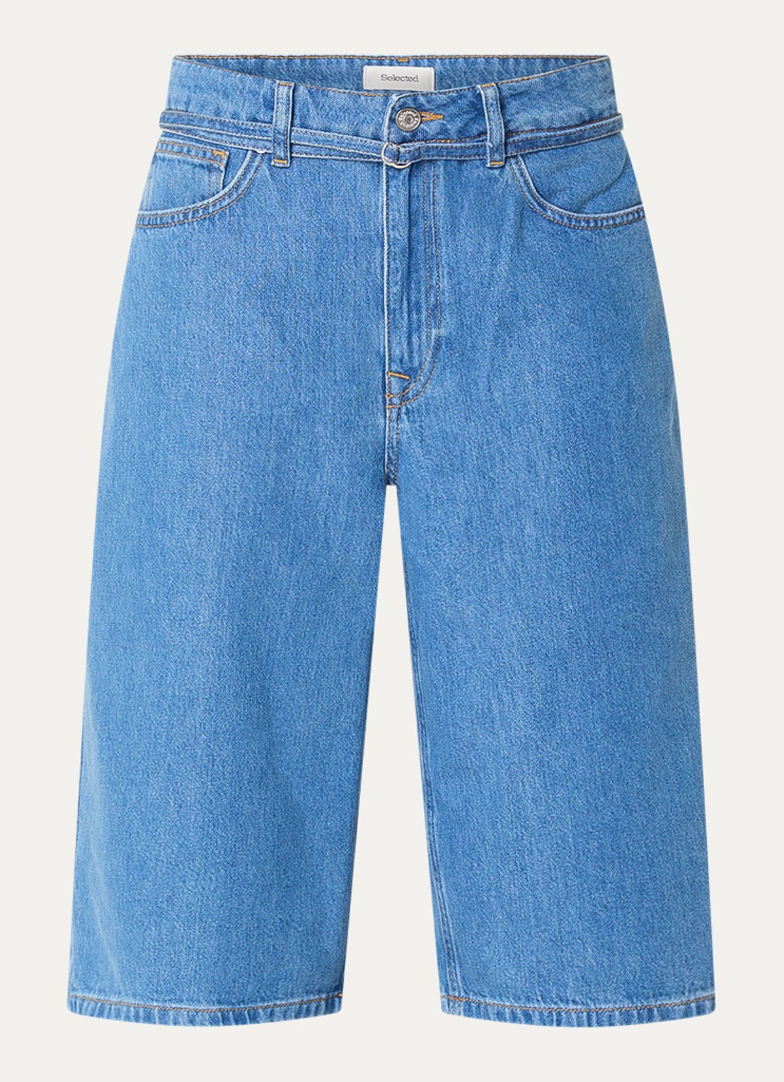 Selected Tenna high waist wide fit korte broek van denim met medium wassing - voorkant indigo