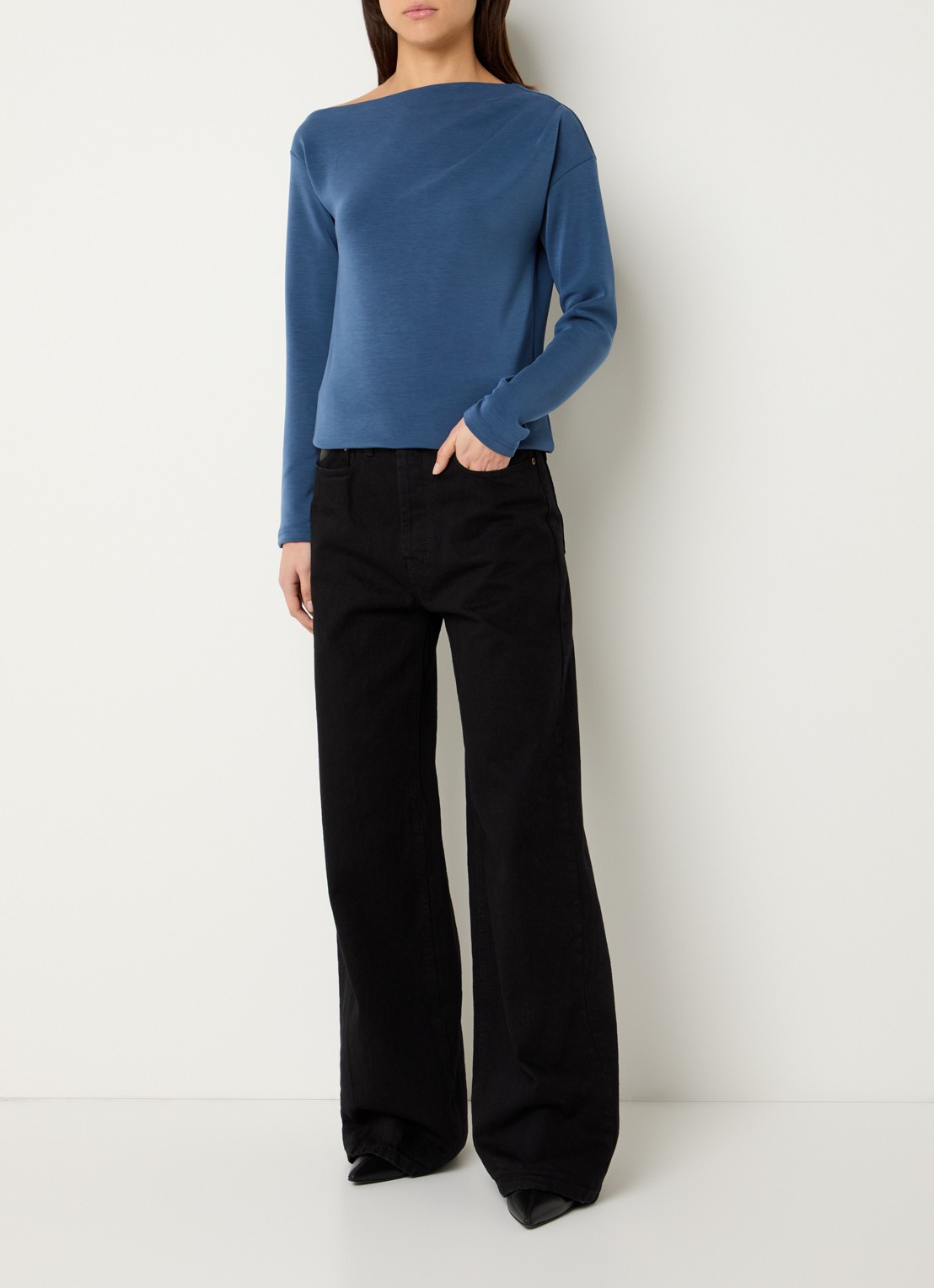 Selected Tenny off shoulder top met asymmetrische hals - voorkant 2 staalblauw