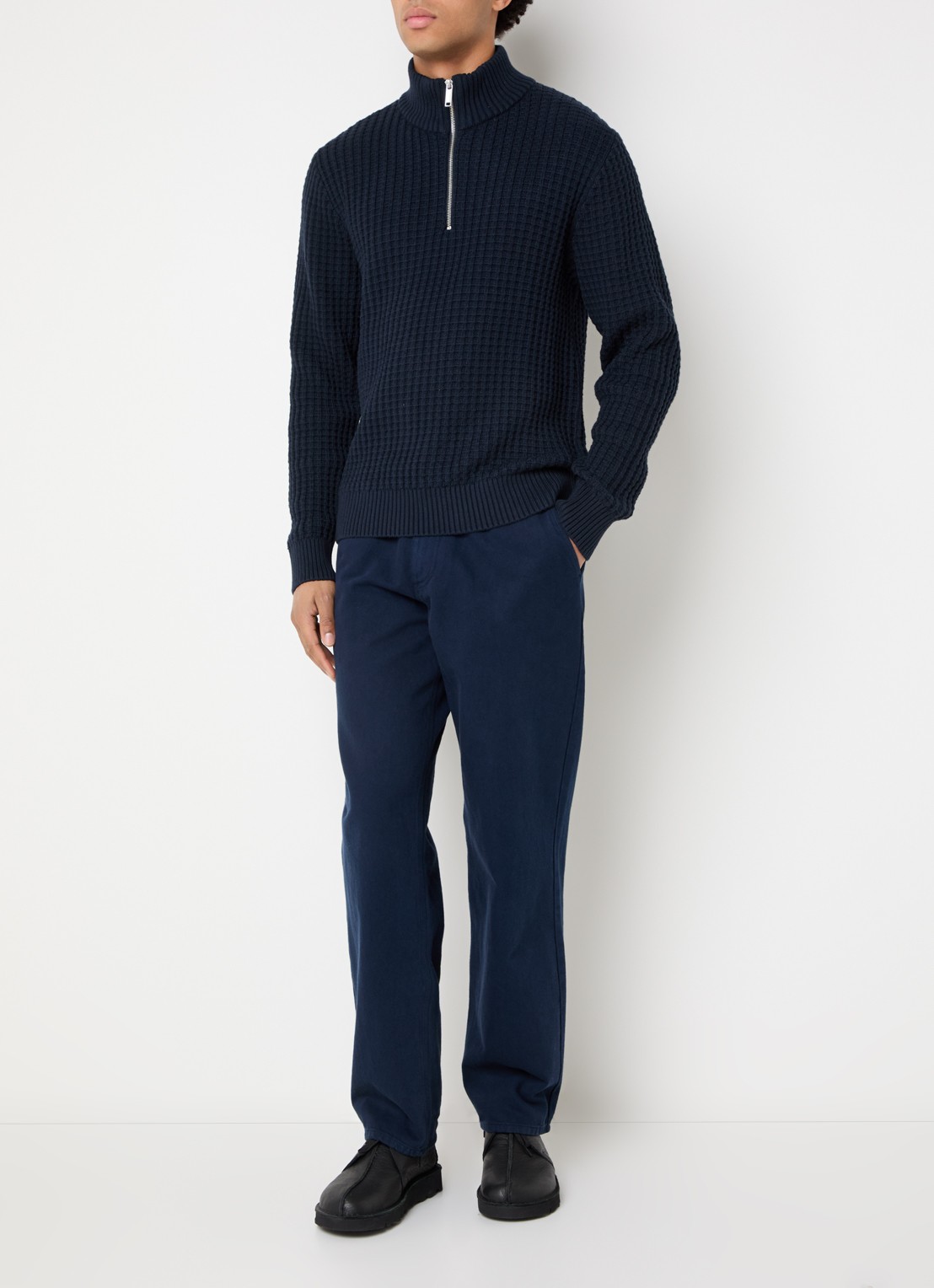 Selected Tom fijngebreide trui met halve rits - voorkant 4 donkerblauw