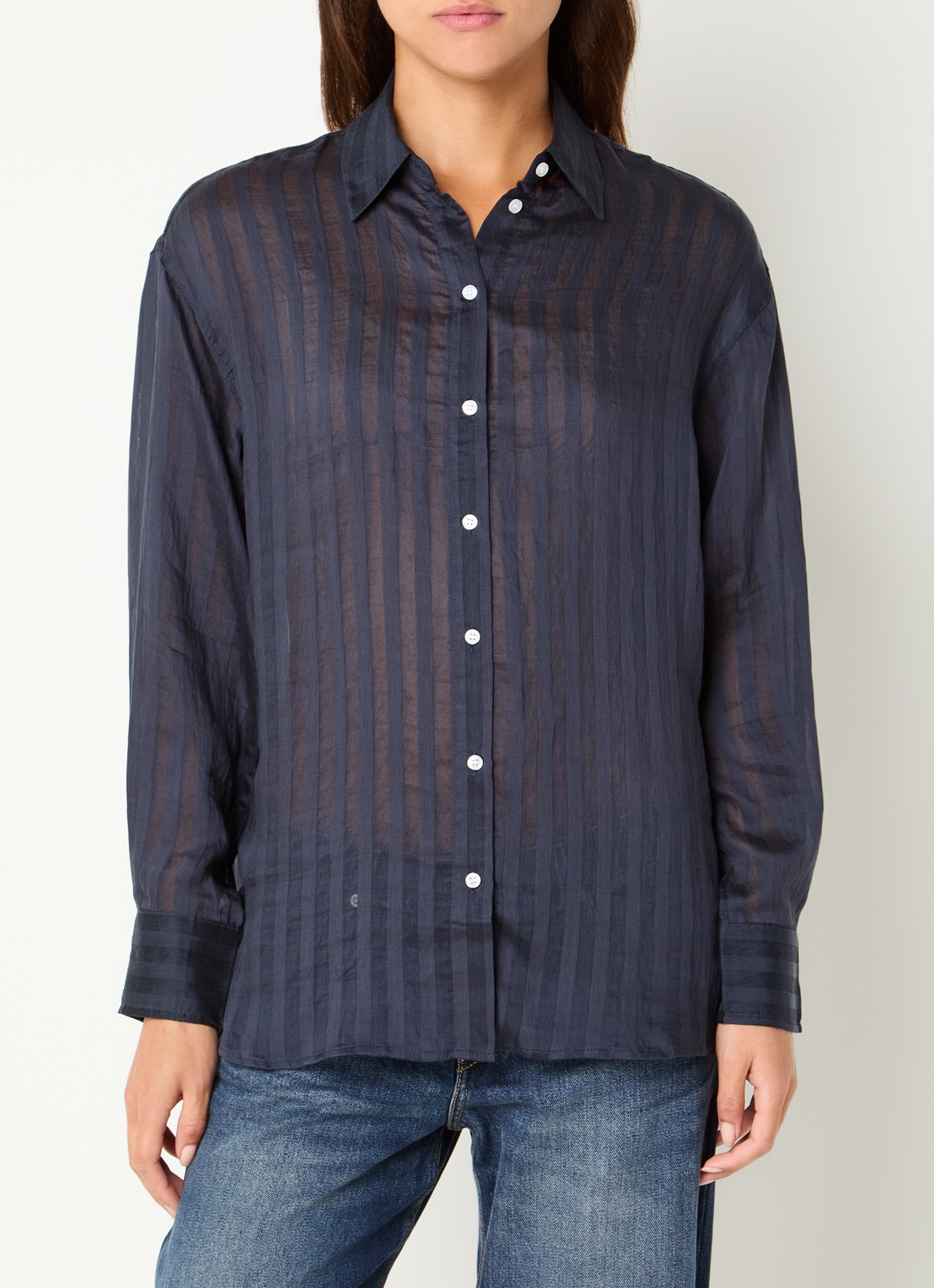 Selected Toran semi-transparante blouse met streepprint - detail donkerblauw