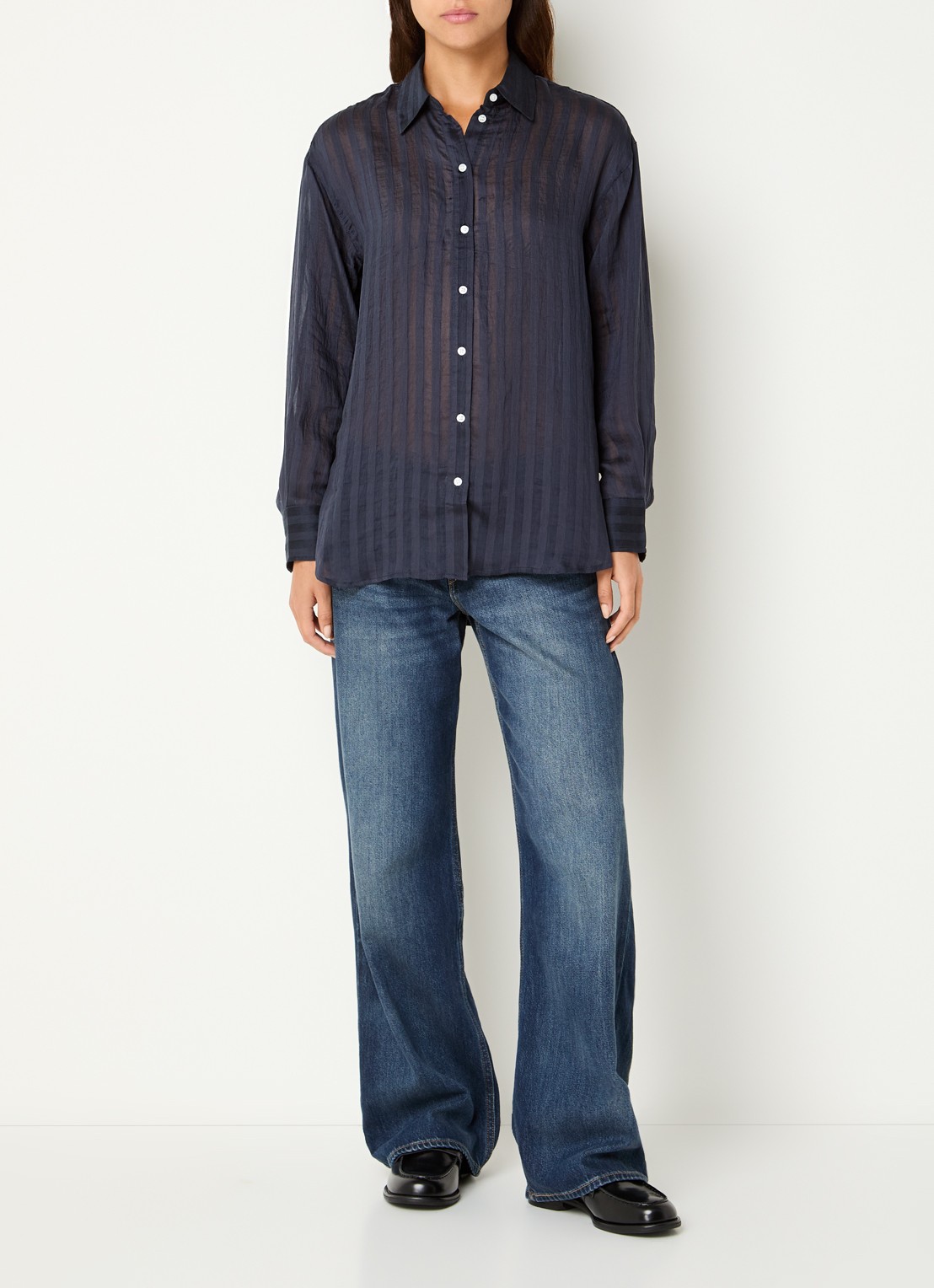 Selected Toran semi-transparante blouse met streepprint - voorkant 4 donkerblauw