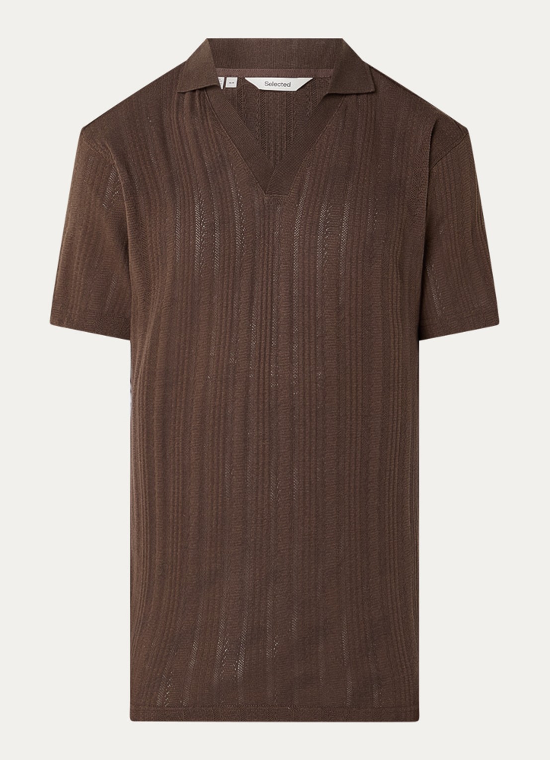 Selected Travis fijngebreide regular fit polo - voorkant donkerbruin