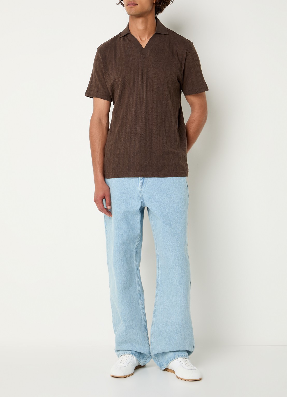 Selected Travis fijngebreide regular fit polo - voorkant 2 donkerbruin
