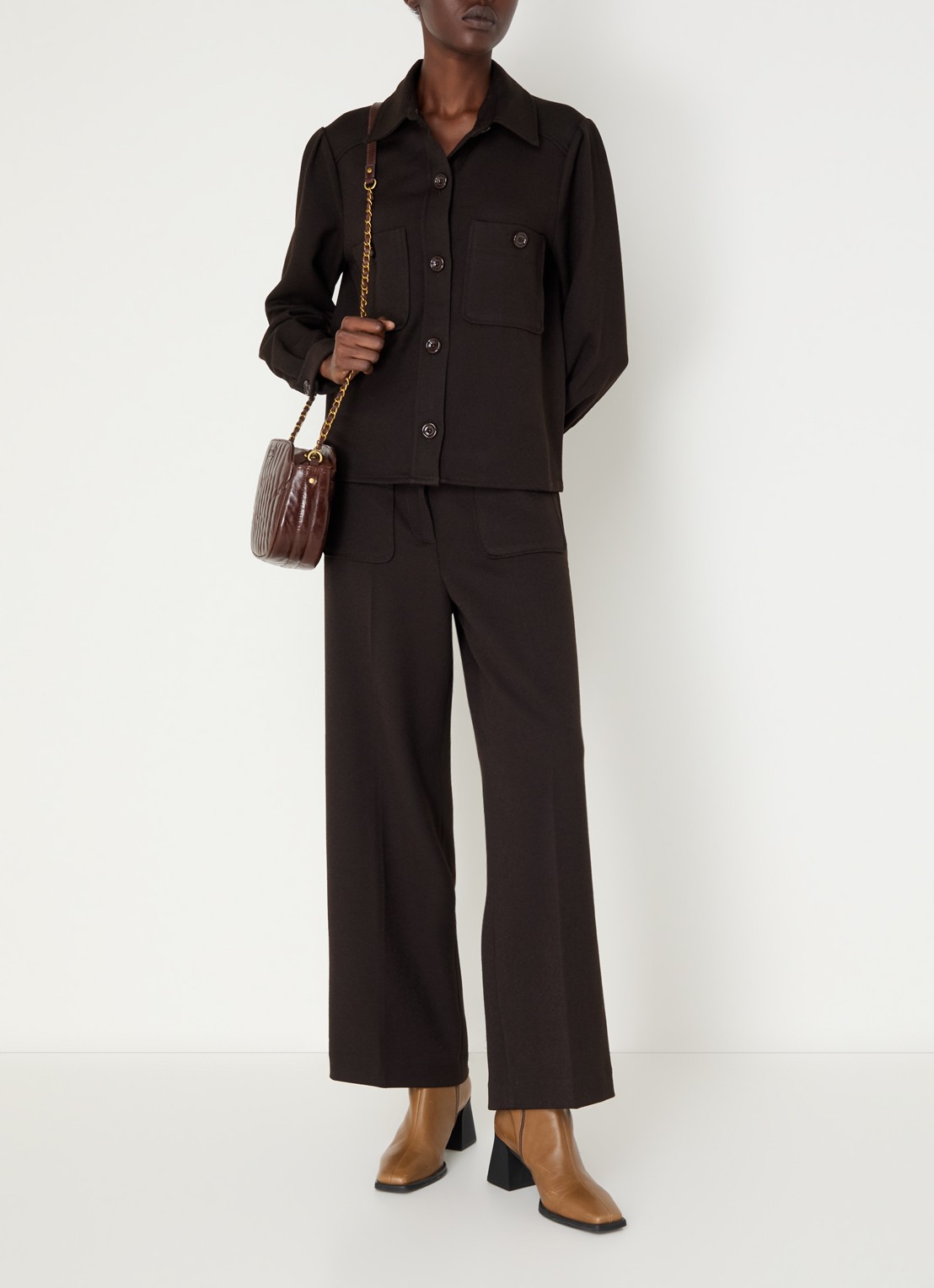 Sessùn Alberwool high waist straight fit cropped broek met opgestikte zakken - voorkant 3 bruin
