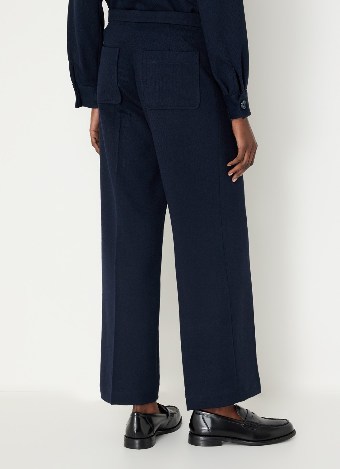 Sessùn Alberwool high waist straight fit cropped broek met opgestikte zakken - achterkant 2 donkerblauw