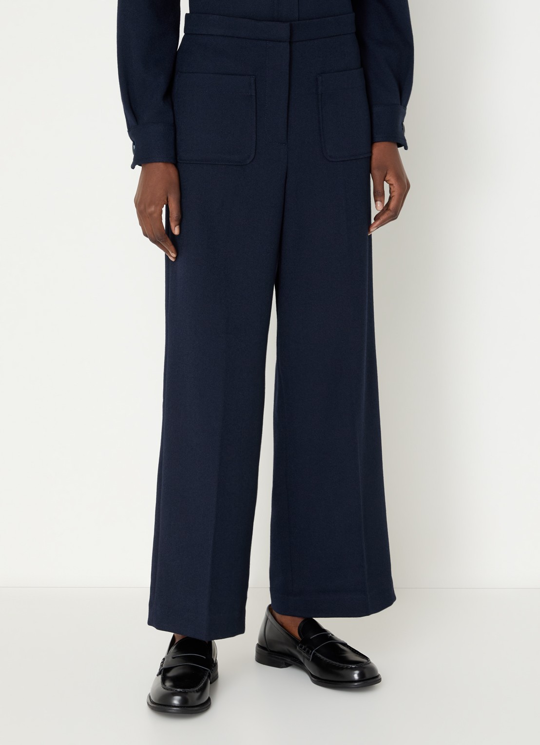 Sessùn Alberwool high waist straight fit cropped broek met opgestikte zakken - detail donkerblauw