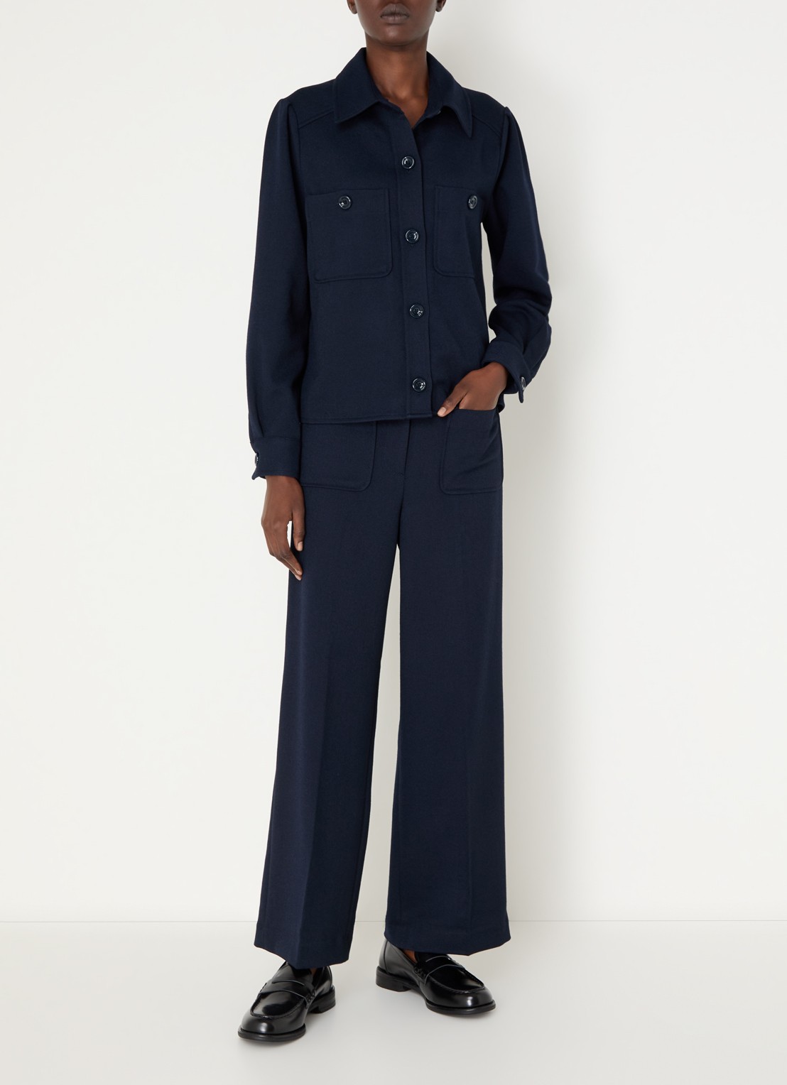 Sessùn Alberwool high waist straight fit cropped broek met opgestikte zakken - voorkant 4 donkerblauw