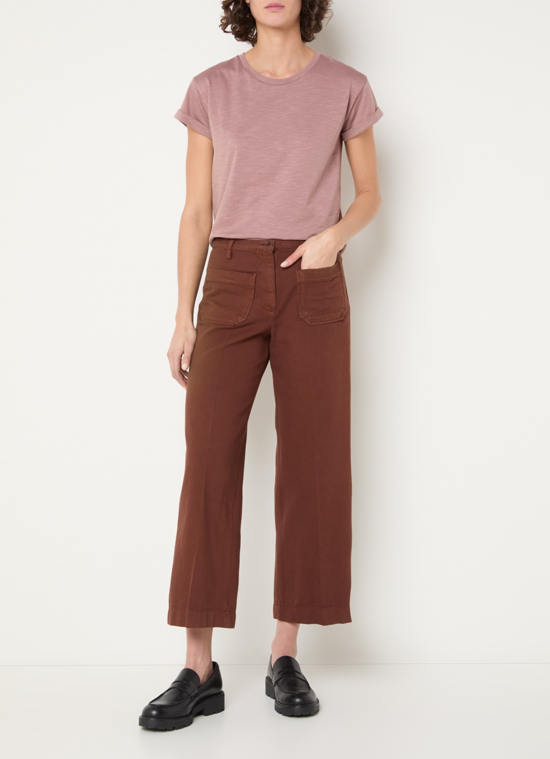 Sessùn Aldricks high waist wide fit culotte met opgestikte zakken - voorkant 4 kastanjebruin