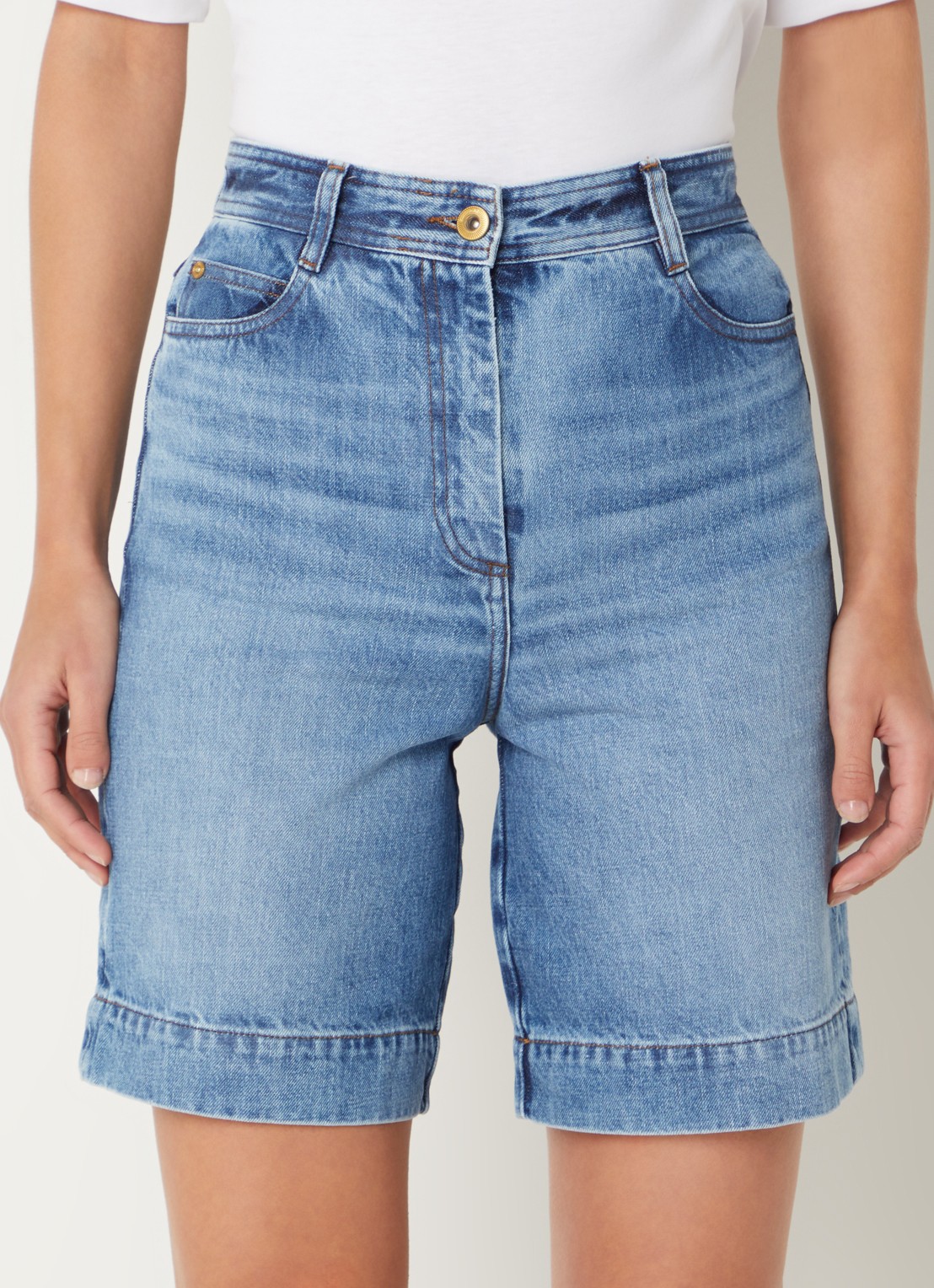 Sessùn Bermucap high waist straight fit korte broek met medium wassing - detail 4 indigo