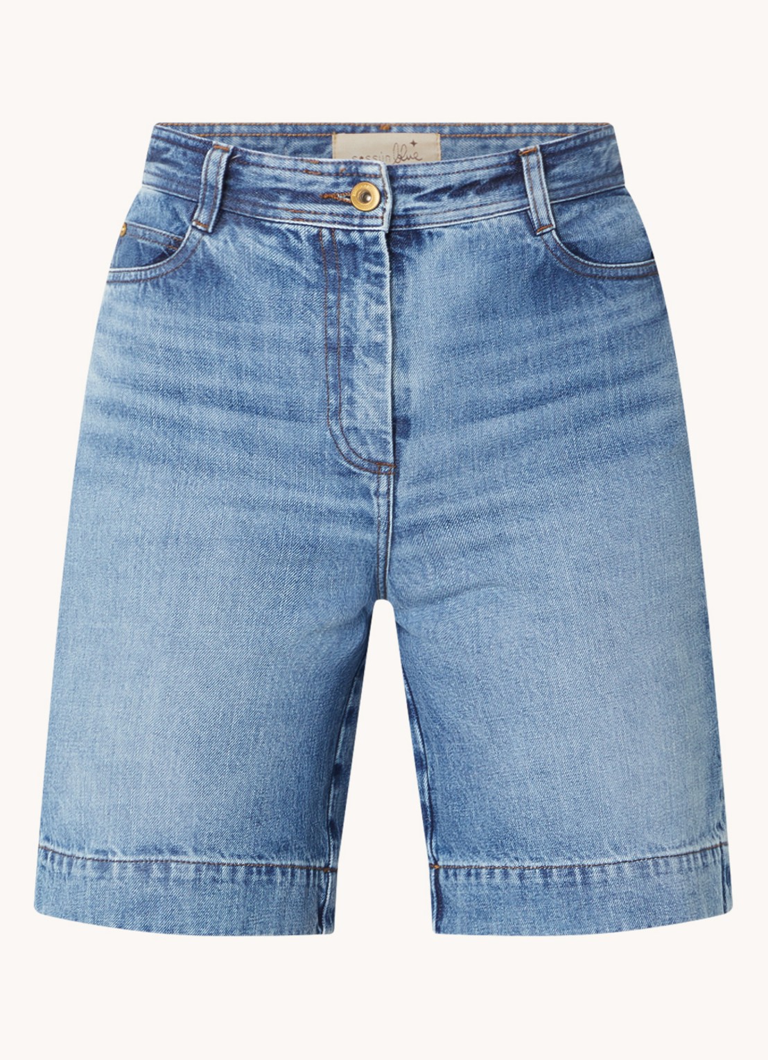 Sessùn Bermucap high waist straight fit korte broek met medium wassing - voorkant indigo