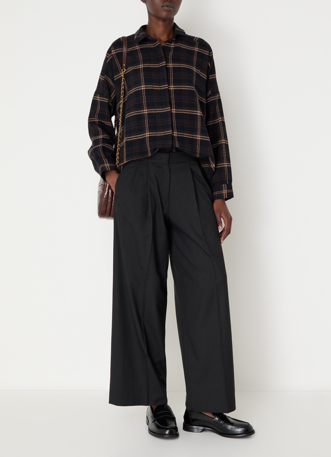 Sessùn Blouse in linnenblend met ruitdessin - voorkant 2 donkerbruin