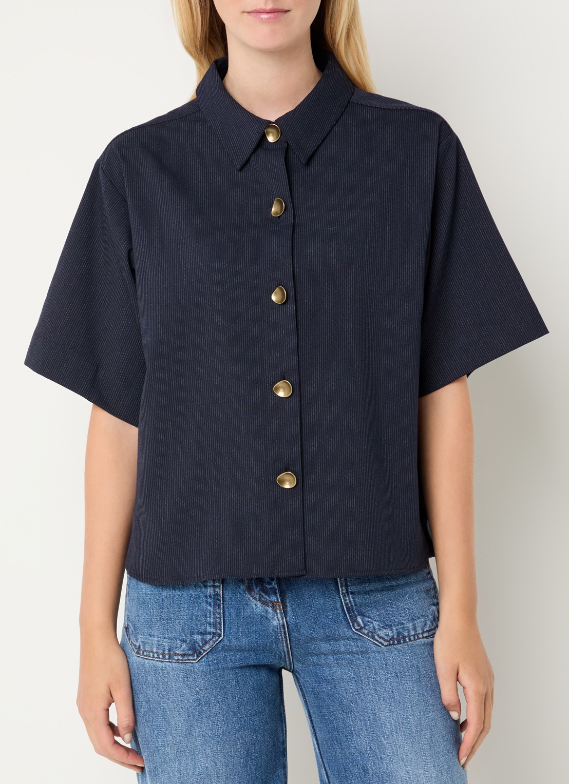 Sessùn Blouse met streepprint - detail donkerblauw