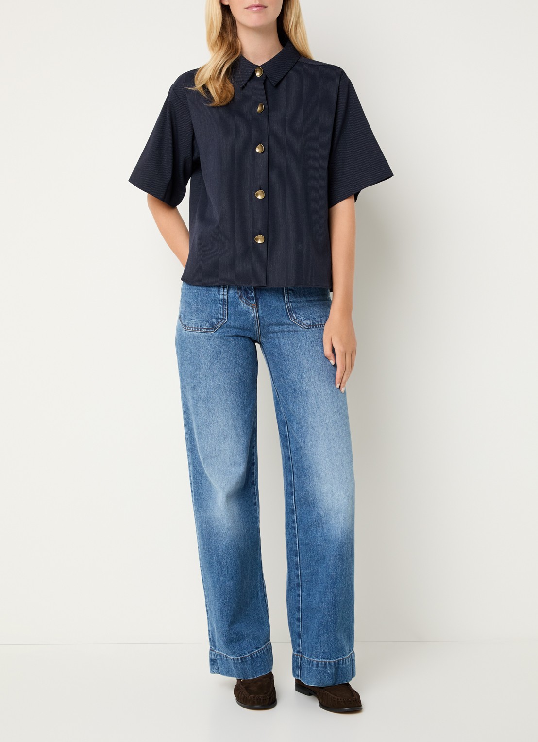 Sessùn Blouse met streepprint - voorkant 3 donkerblauw