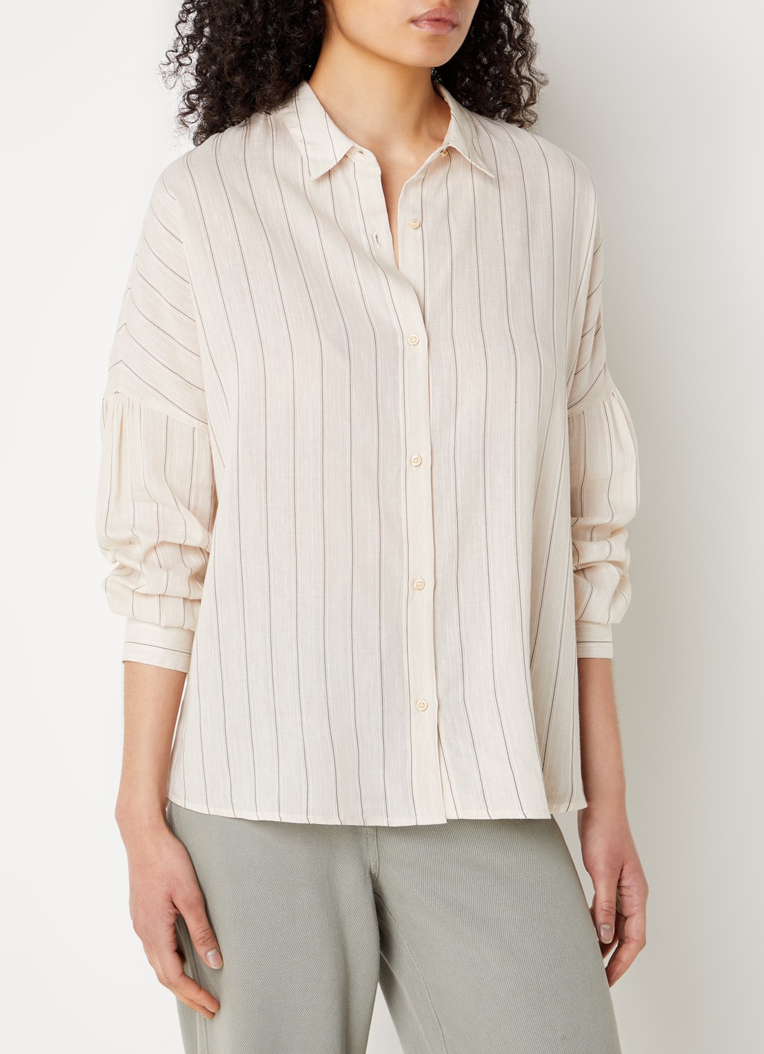 Sessùn Botan oversized blouse in linnenblend met streepprint - detail 4 donkerbeige