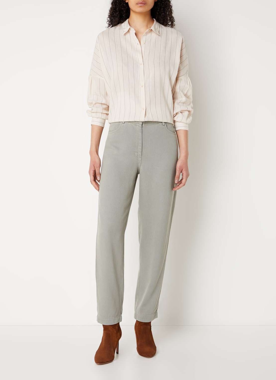 Sessùn Botan oversized blouse in linnenblend met streepprint - voorkant 2 donkerbeige