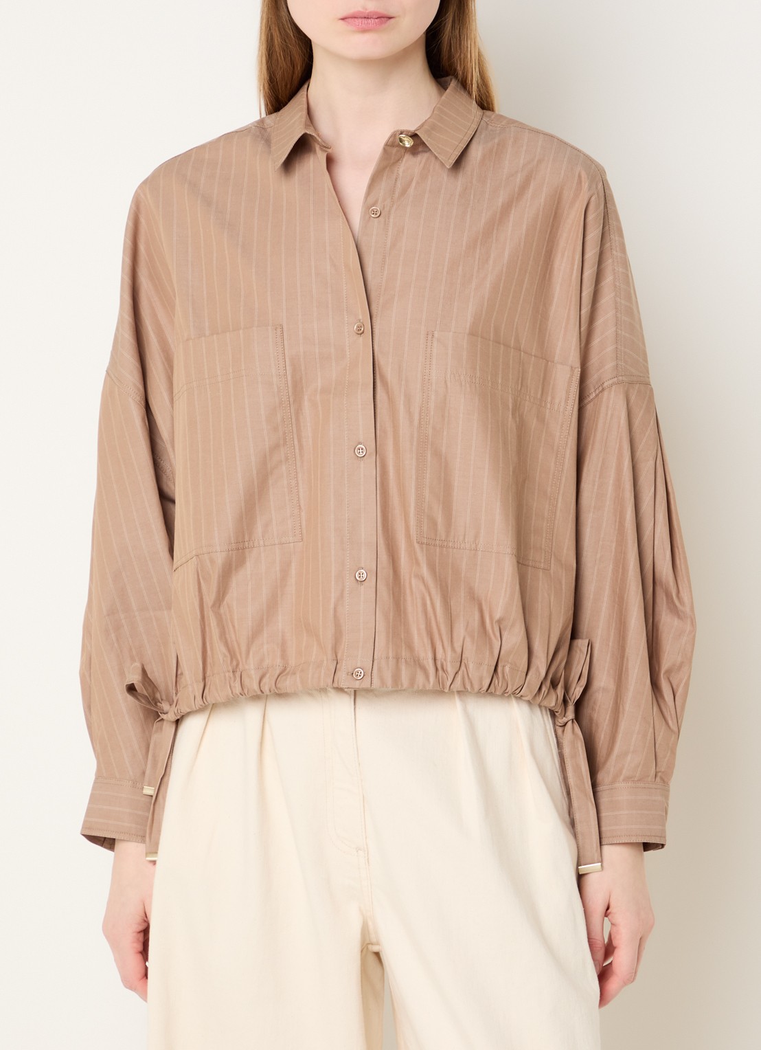 Sessùn Cabaza cropped blouse met streepprint en trekkoord - detail 4 lichtbruin