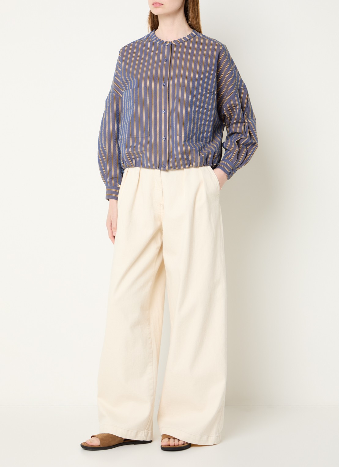 Sessùn Cadaques blouse met streepprint en ballonmouw - voorkant 2 lavendel