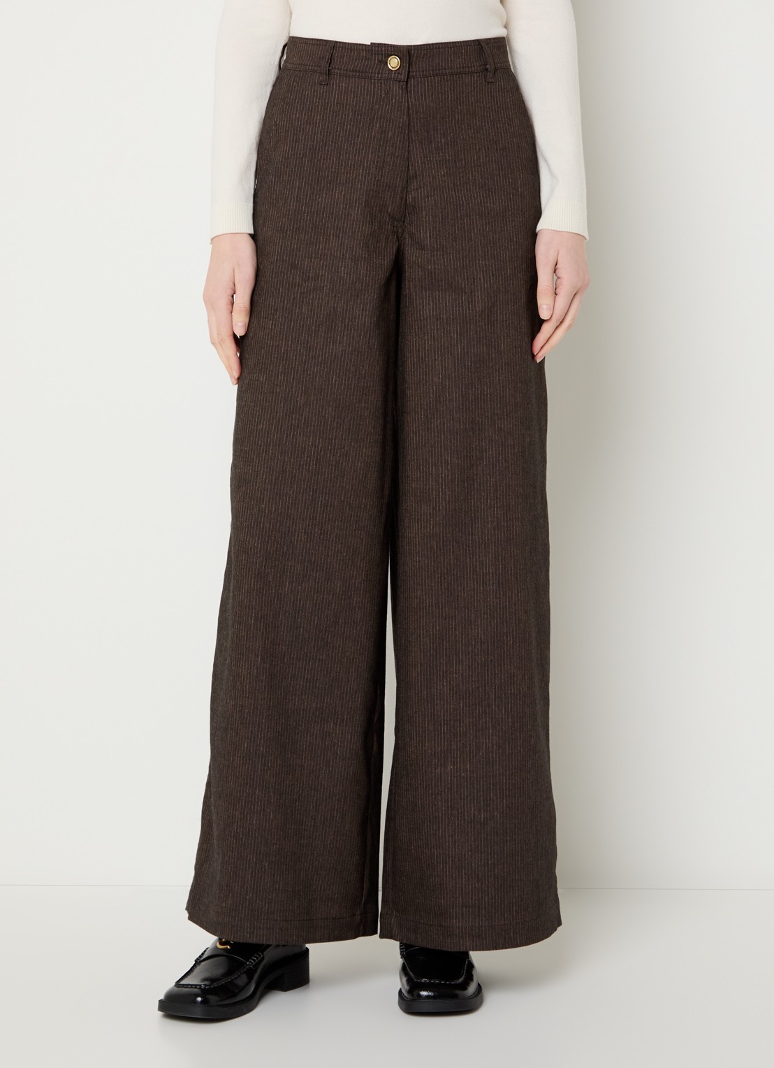 Sessùn Dasum high waist wide fit pantalon in linnenblend met krijtstreep - detail 4 donkerbruin