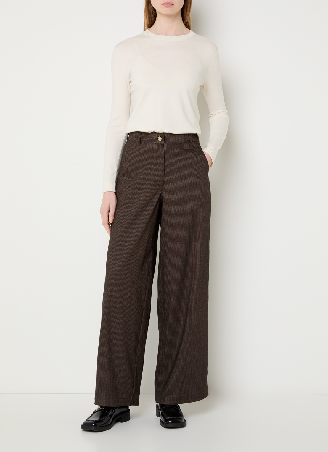 Sessùn Dasum high waist wide fit pantalon in linnenblend met krijtstreep - voorkant 3 donkerbruin
