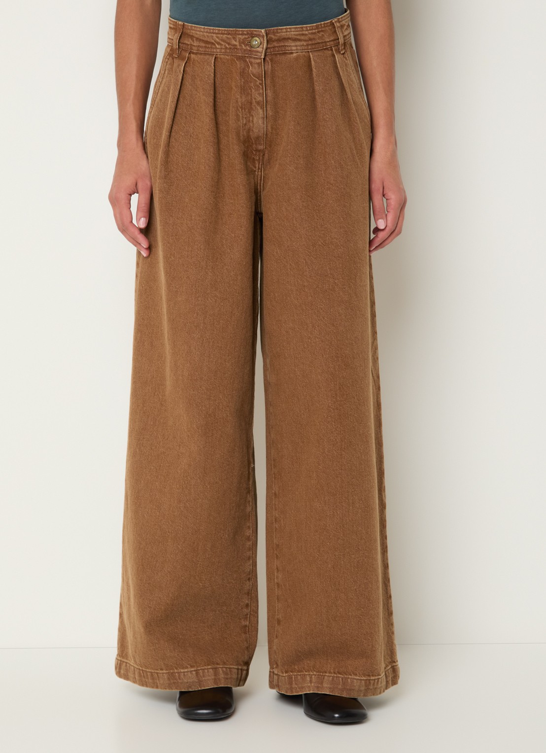 Sessùn Diegui high waist wide fit palazzo broek van denim - detail 4 camel