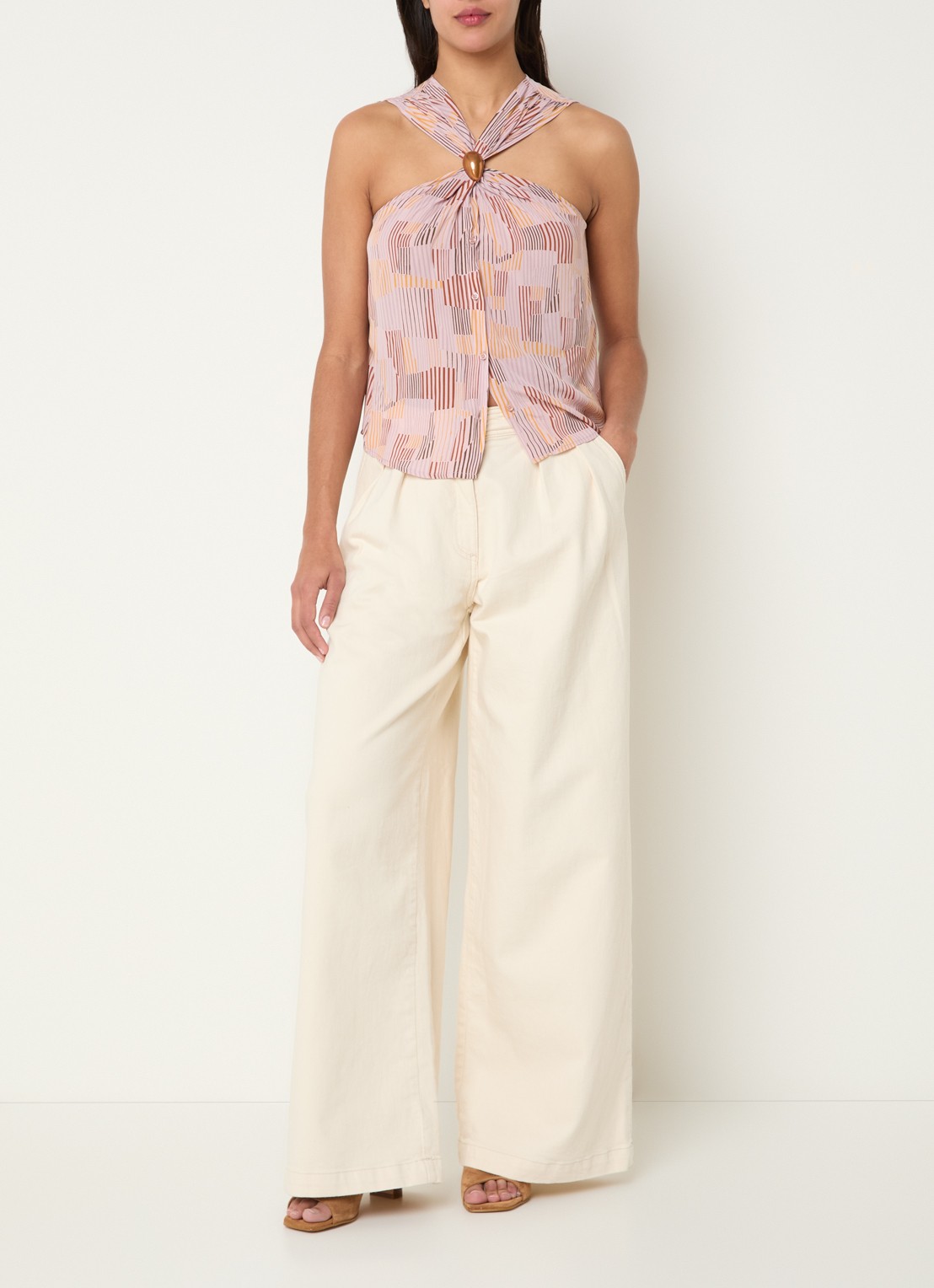 Sessùn Diegui high waist wide fit palazzo broek van denim - voorkant 3 creme