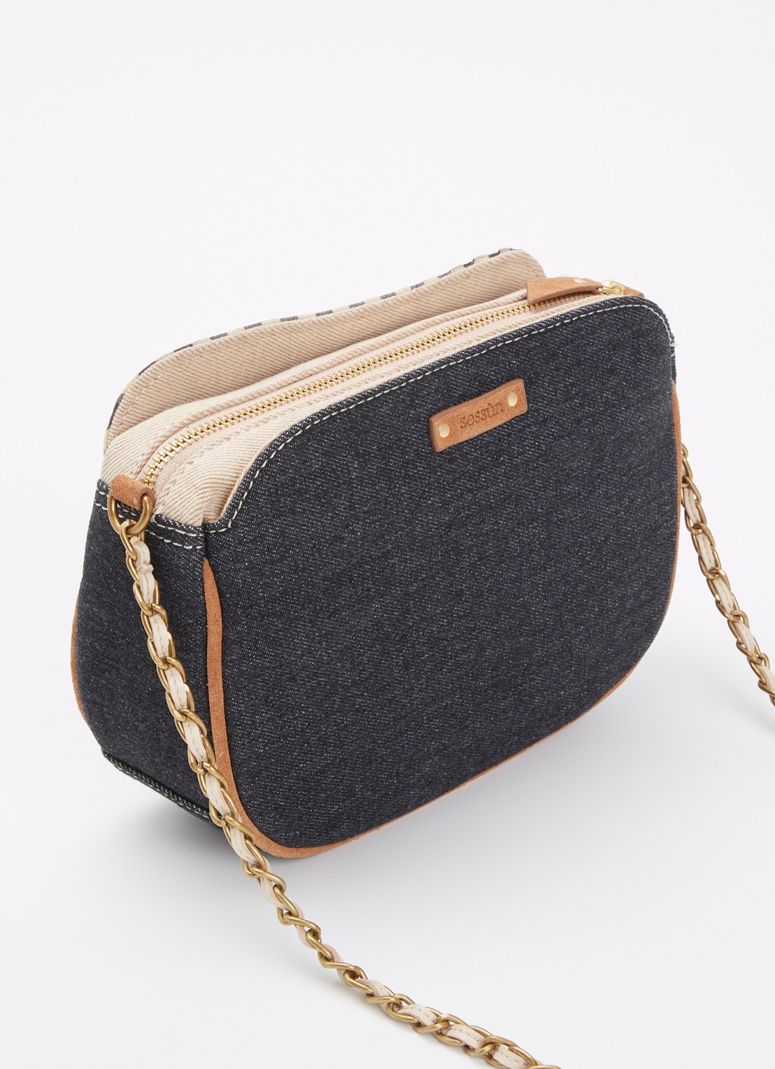 Sessùn Divine V crossbodytas met details van leer - achterkant zwart