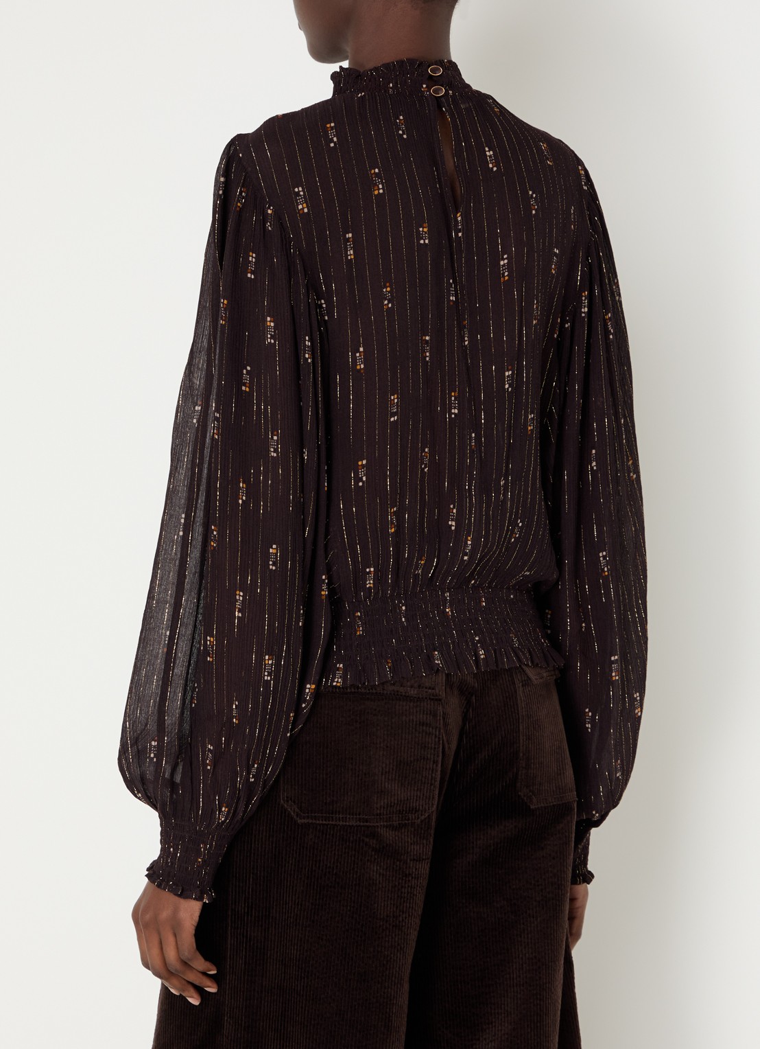 Sessùn Duchess semi-transparante tuniek met print en lurex - achterkant donkerbruin
