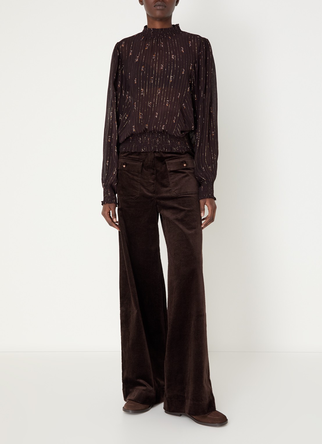 Sessùn Duchess semi-transparante tuniek met print en lurex - voorkant 4 donkerbruin