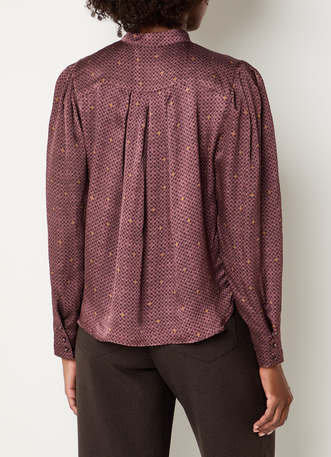 Sessùn Esperanzo blouse van satijn met print - achterkant 3 bordeauxrood