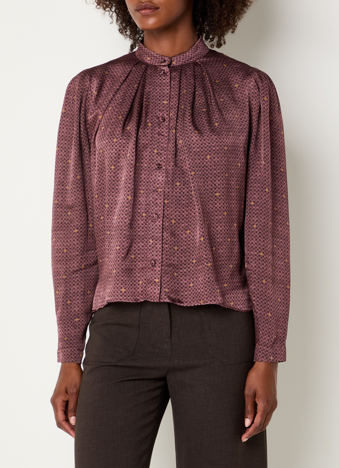 Sessùn Esperanzo blouse van satijn met print - detail 4 bordeauxrood