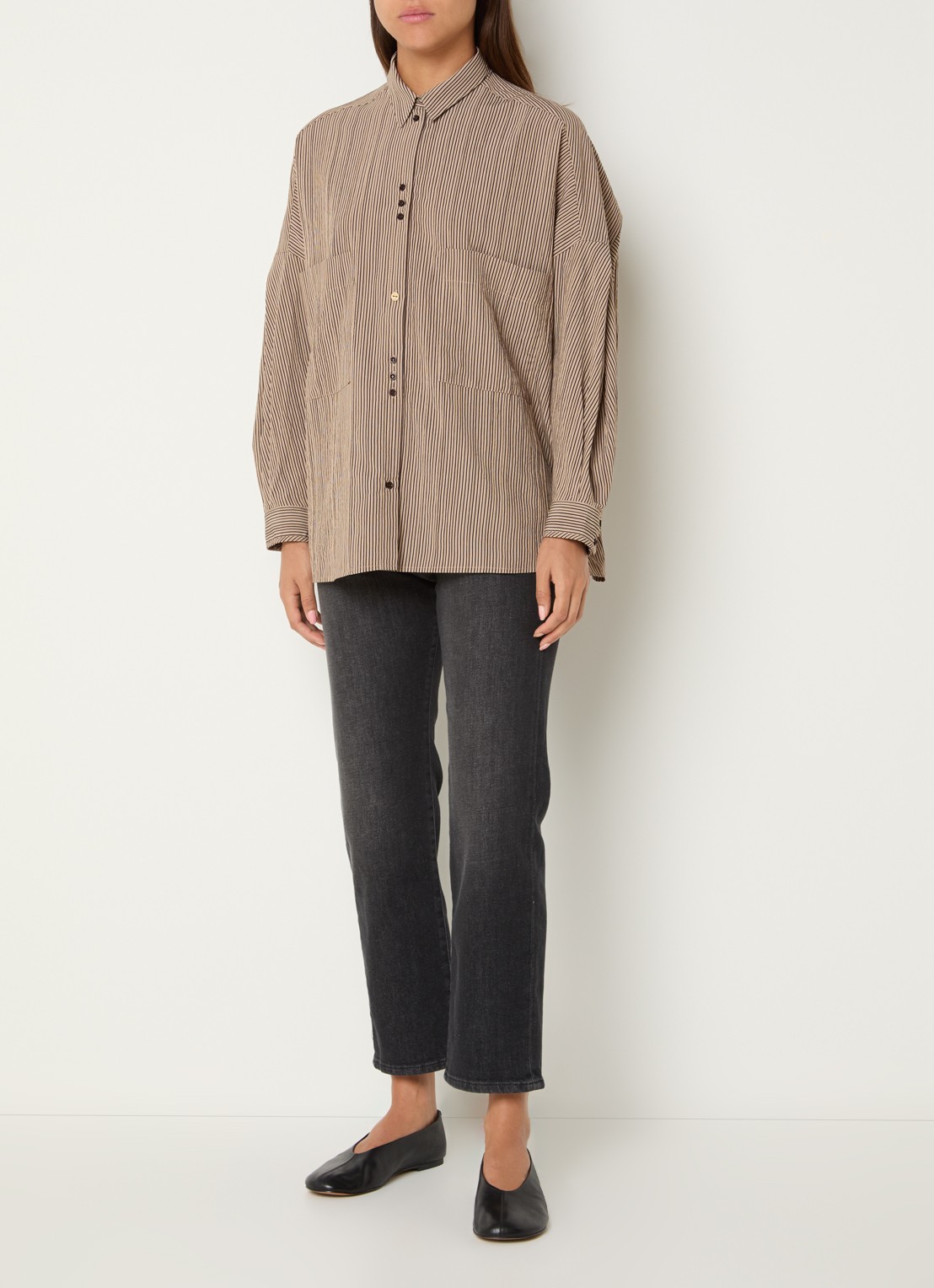 Sessùn Fontania blouse met streepprint - voorkant 2 donkerbeige