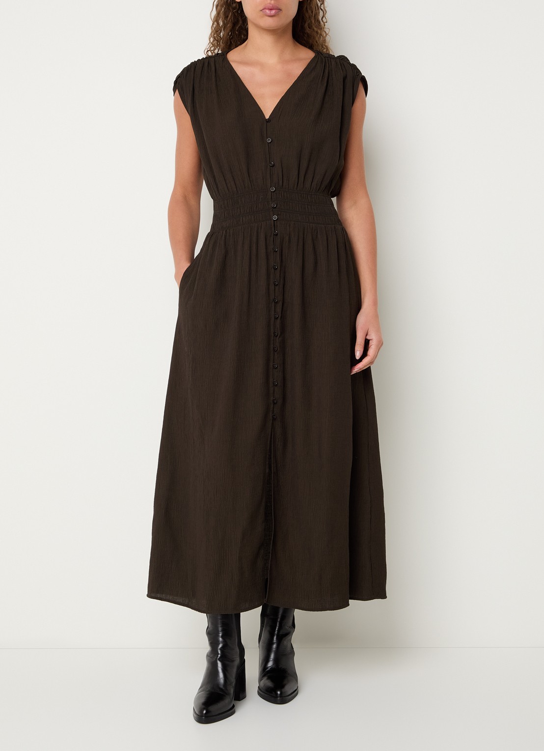 Sessùn Galiane midi blousejurk met structuur - detail bronsgroen