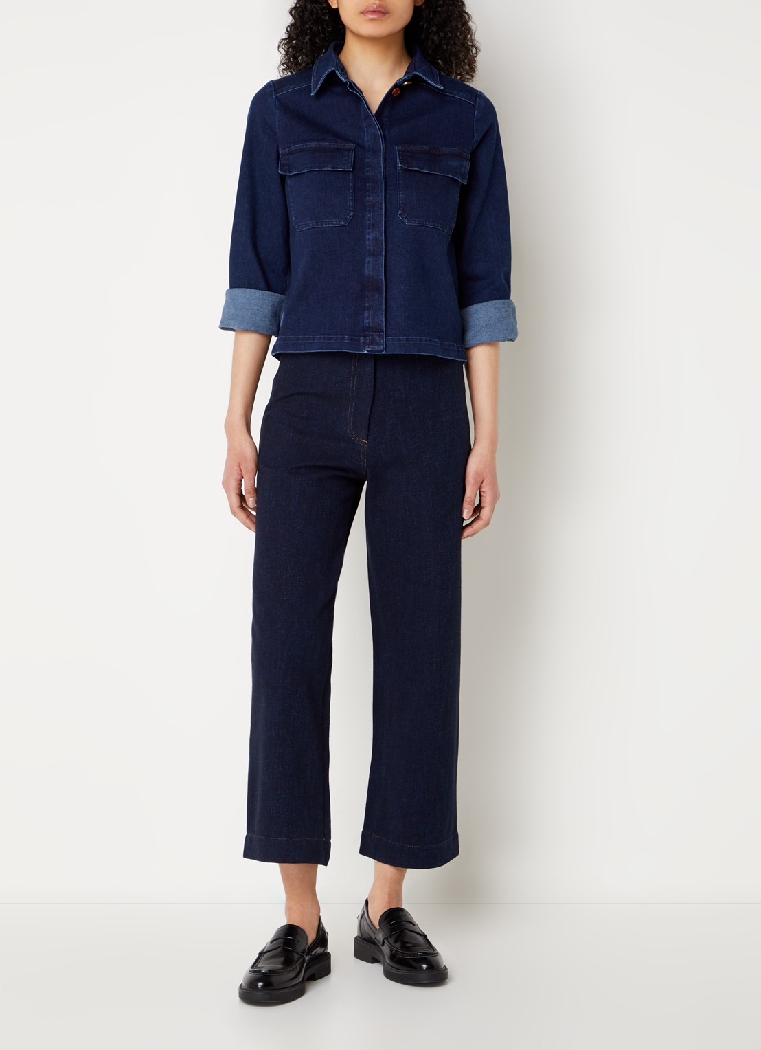 Sessùn Guggen blouse van chambray met borstzakken - voorkant 3 indigo