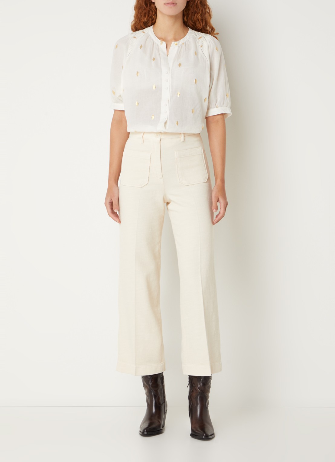 Sessùn Hendrick high waist straight fit culotte met opgestikte zakken - voorkant 4 creme