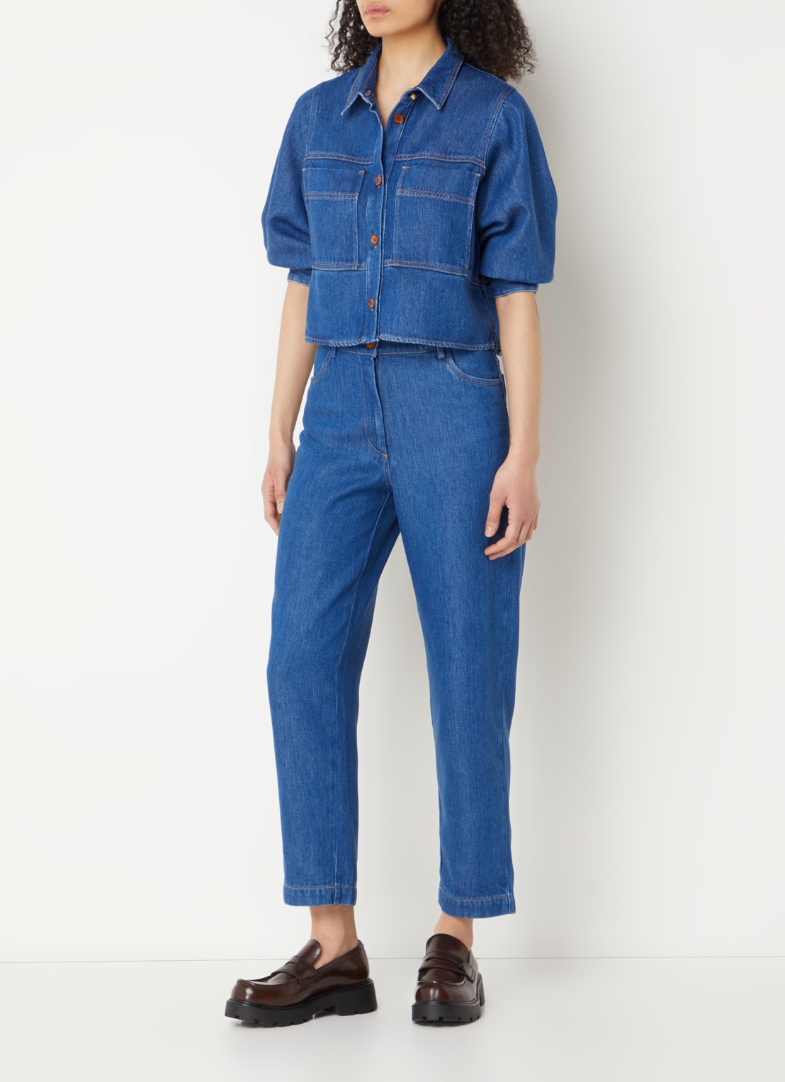 Sessùn Leone blouse van denim met opgestikte zakken - voorkant 2 indigo