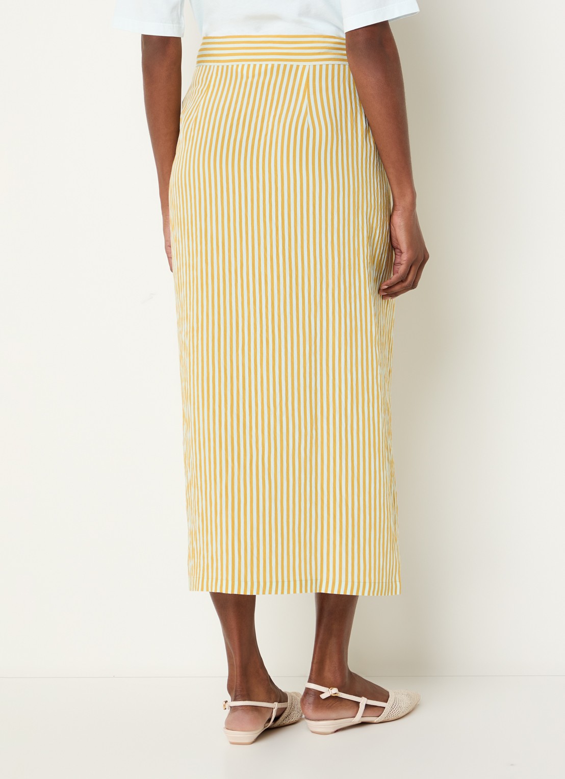Sessùn Love St midi rok met streepprint en strikceintuur - achterkant 3 mosterd