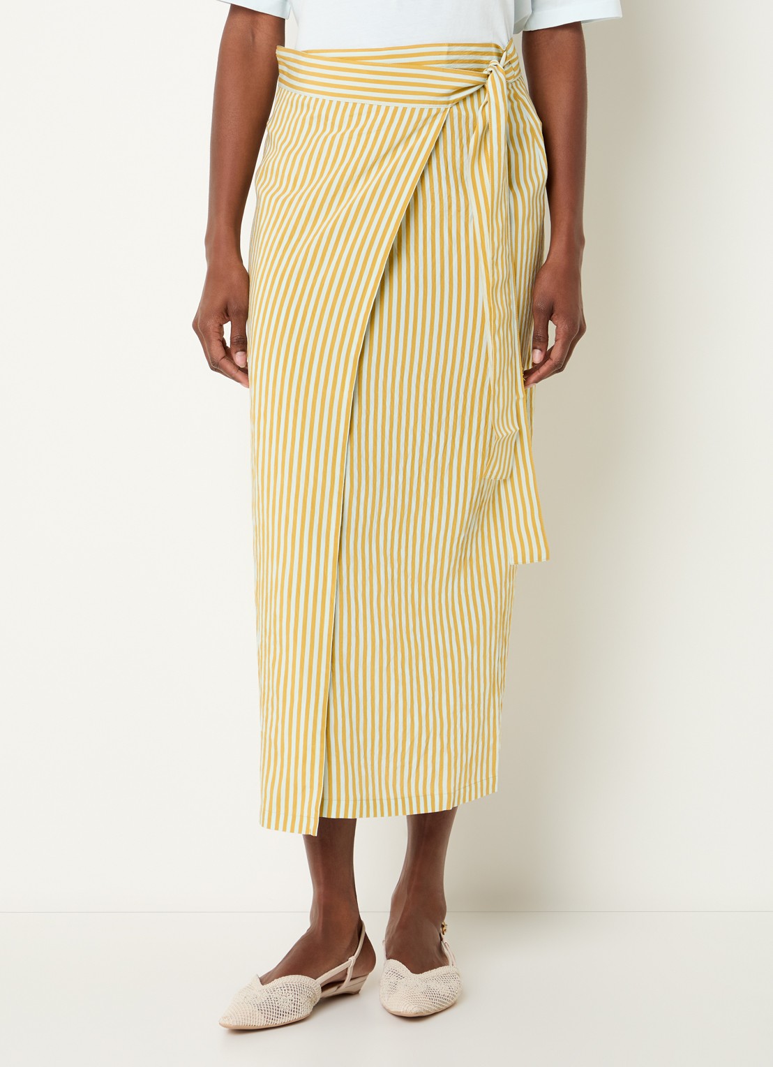 Sessùn Love St midi rok met streepprint en strikceintuur - detail 4 mosterd
