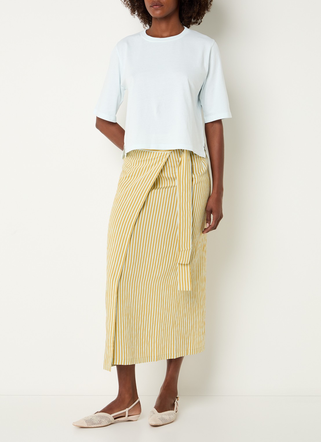 Sessùn Love St midi rok met streepprint en strikceintuur - voorkant 2 mosterd