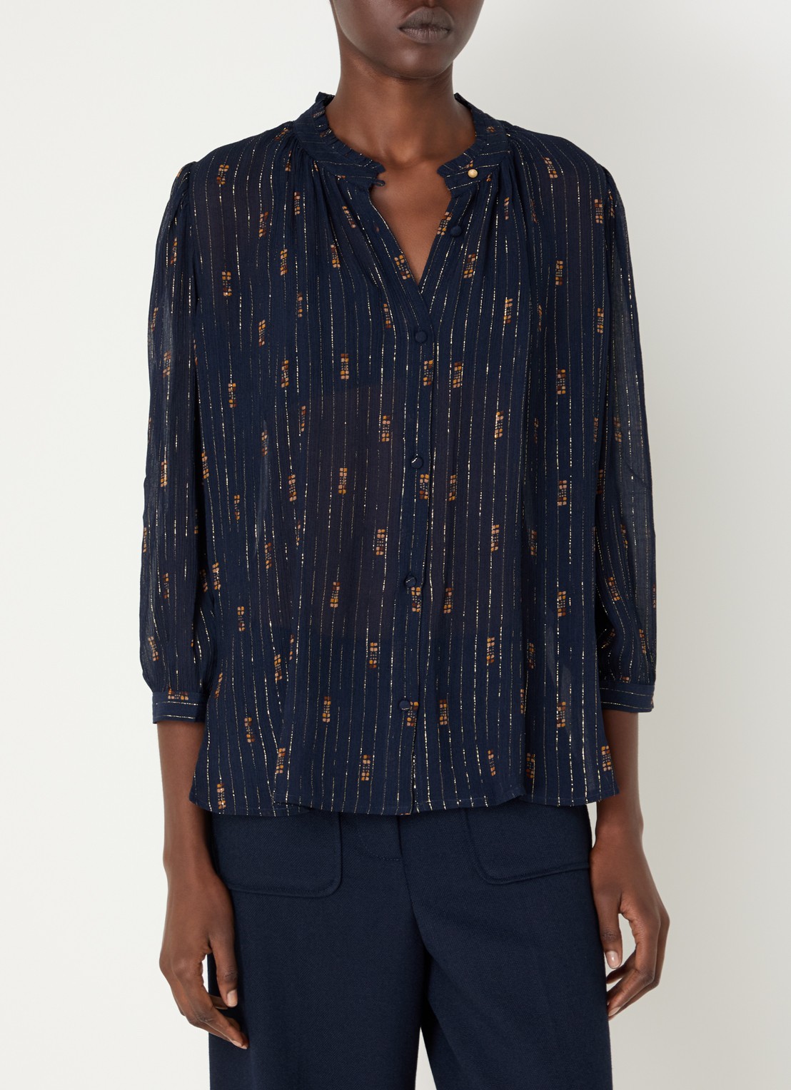 Sessùn Lylee semi-transparante blouse met print en lurex - detail donkerblauw