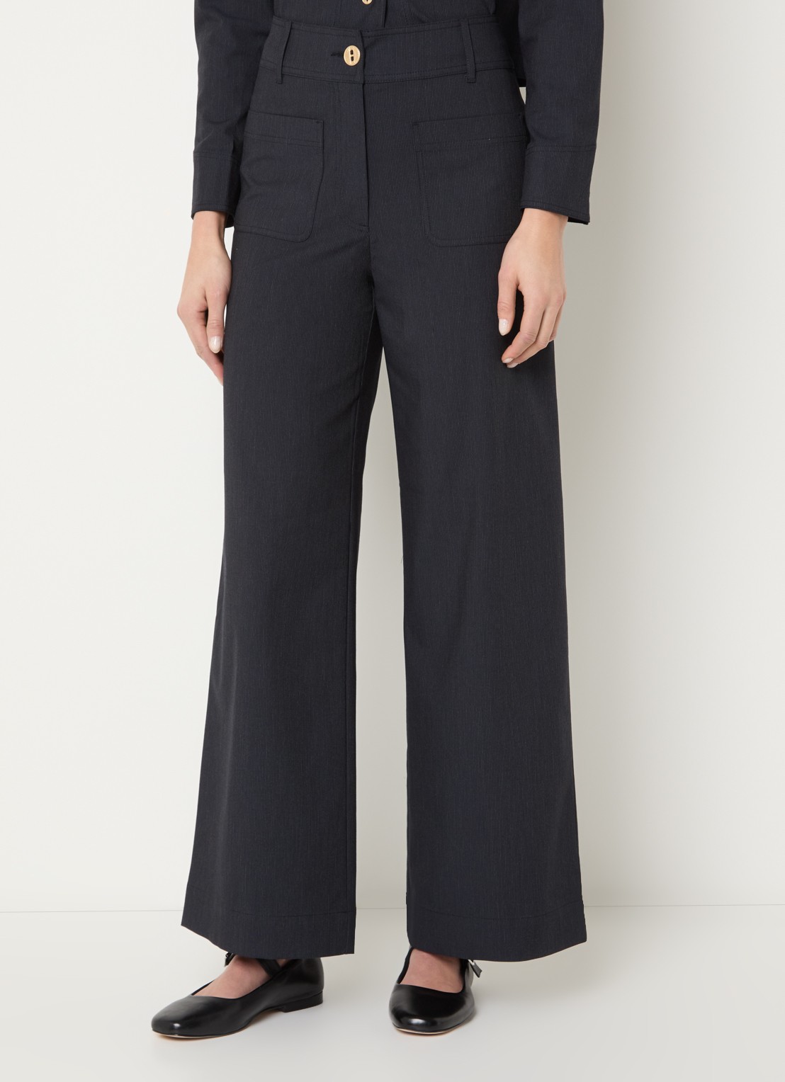 Sessùn Manhatti high waist wide fit pantalon met krijtstreep en opgestikte zakken - detail 3 antraciet