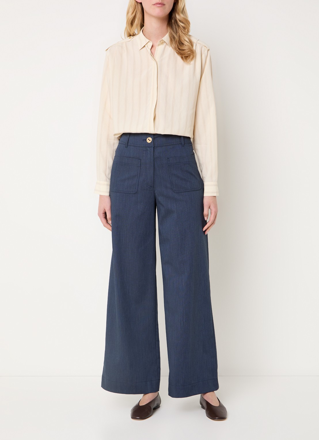 Sessùn Manhatti high waist wide fit pantalon met opgestikte zakken - voorkant 2 donkerblauw