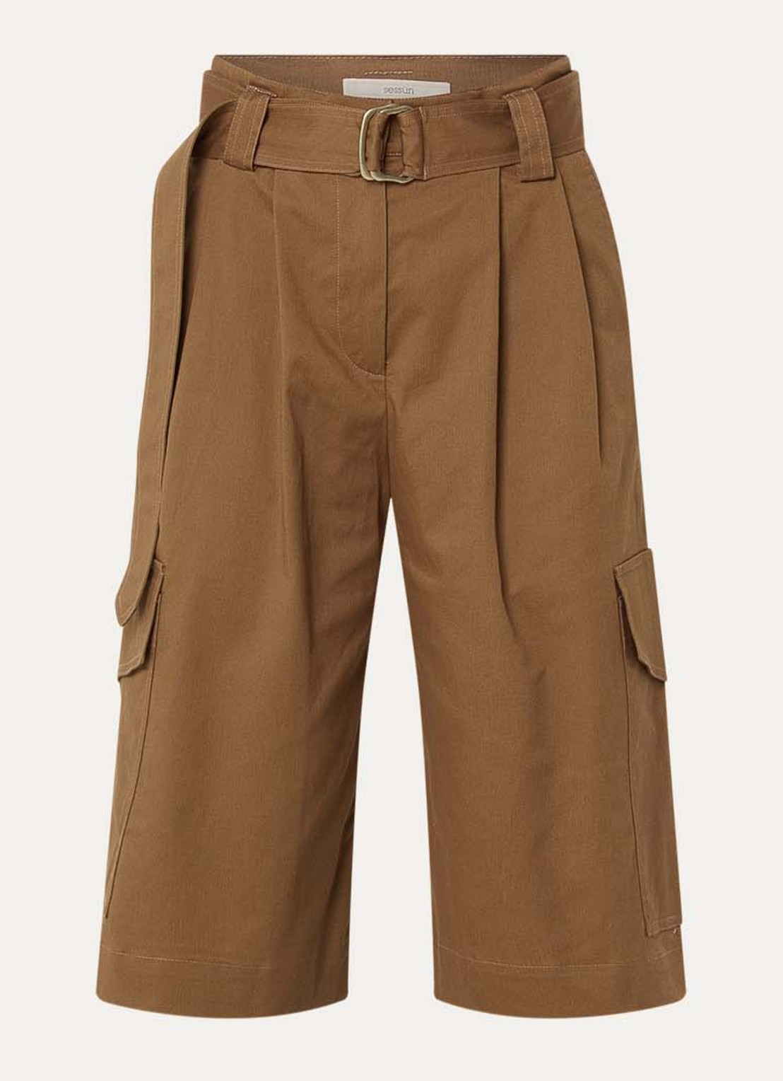 Sessùn Marco high waist wide fit korte broek met steekzakken en ceintuur - voorkant 3 cognac