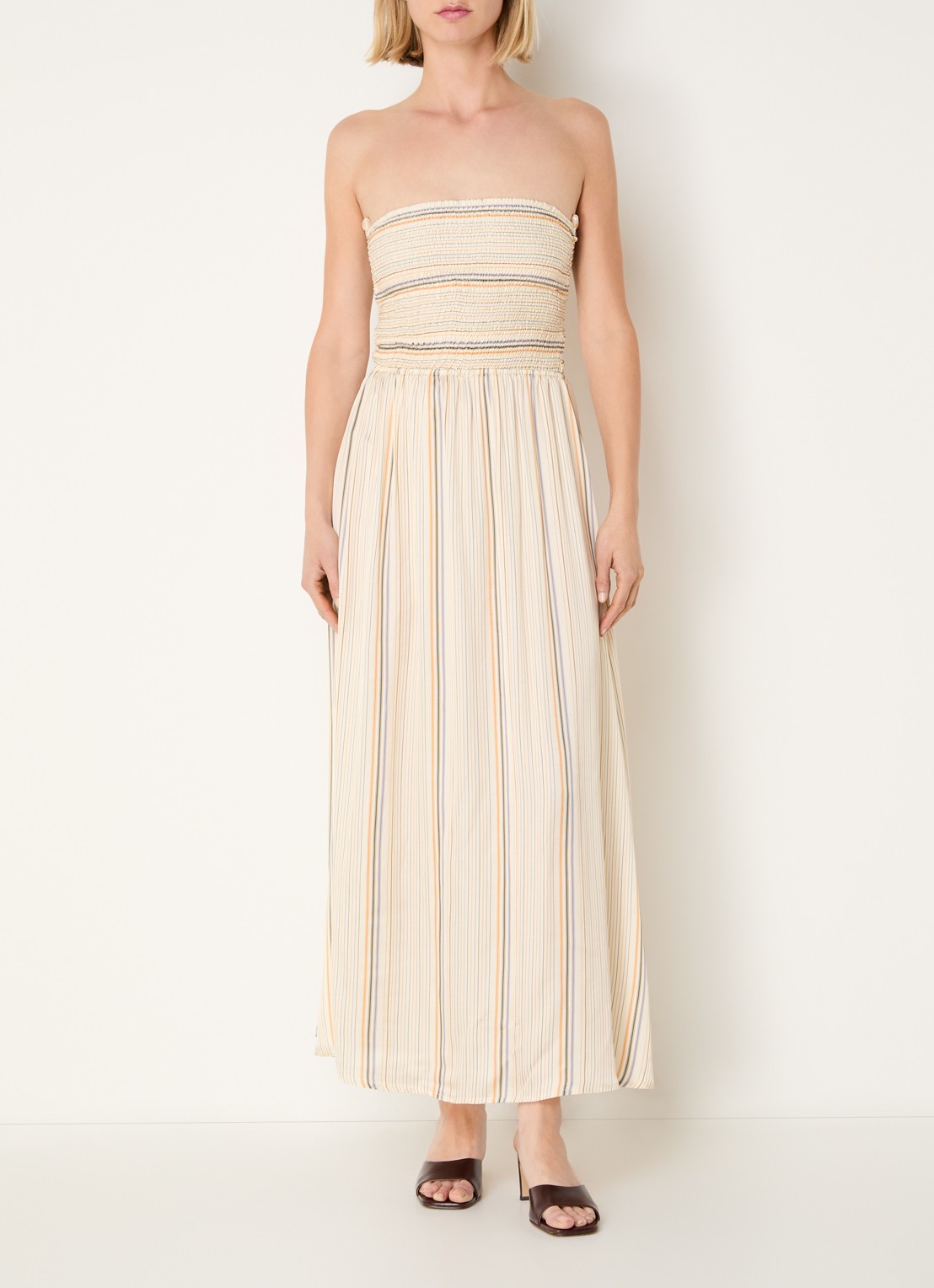 Sessùn Milisole midi jurk met streepprint en smockwerk - detail 4 beige