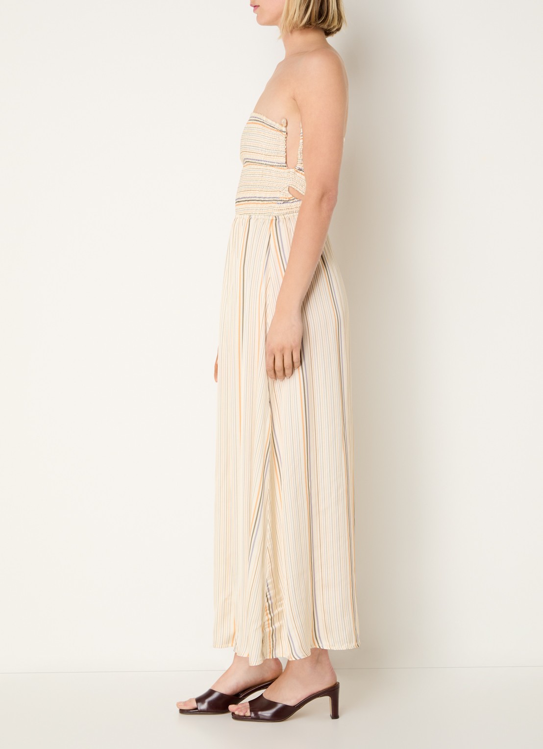 Sessùn Milisole midi jurk met streepprint en smockwerk - voorkant 2 beige