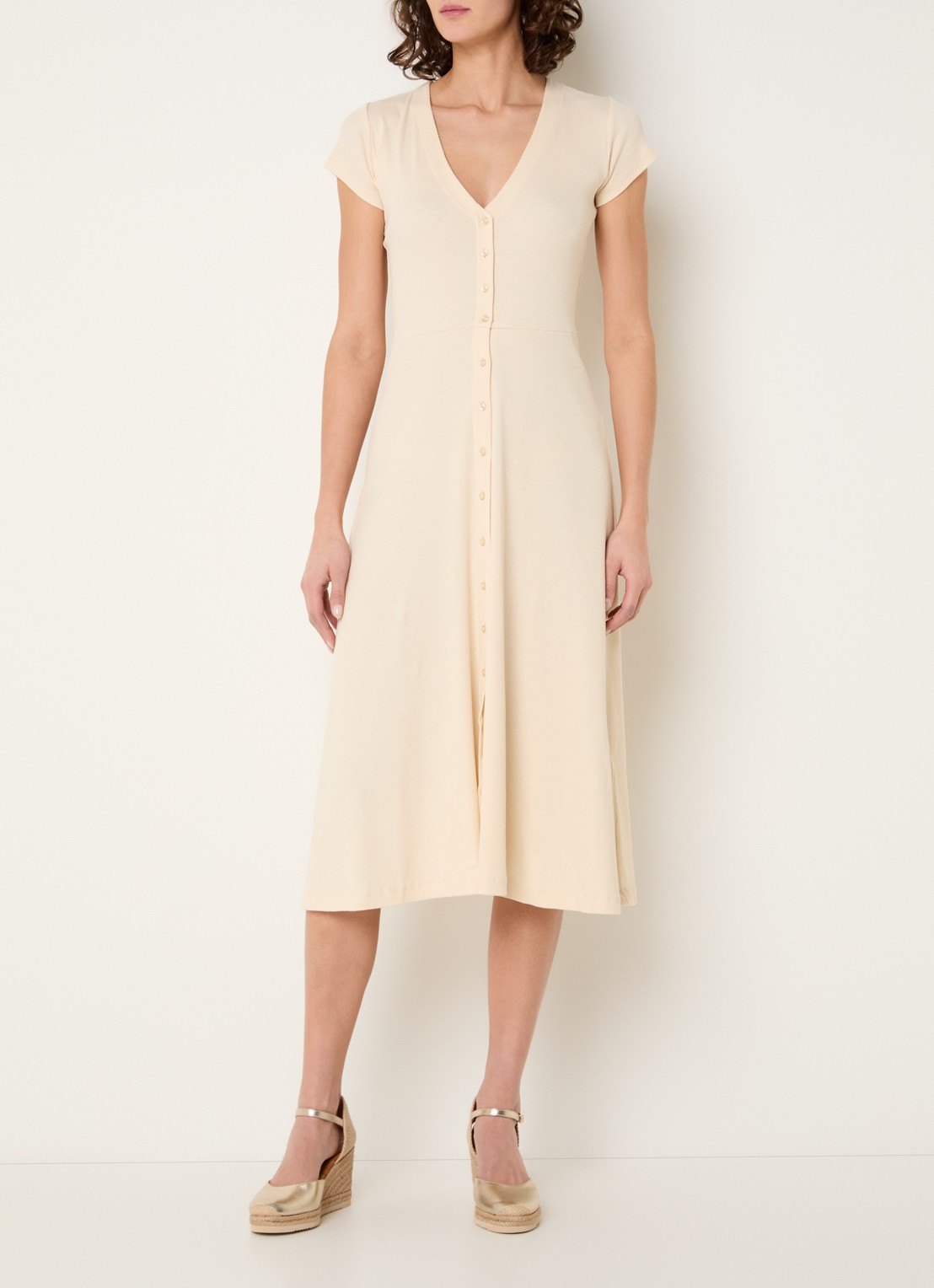 Sessùn Nea midi jurk met V-hals - detail 4 beige