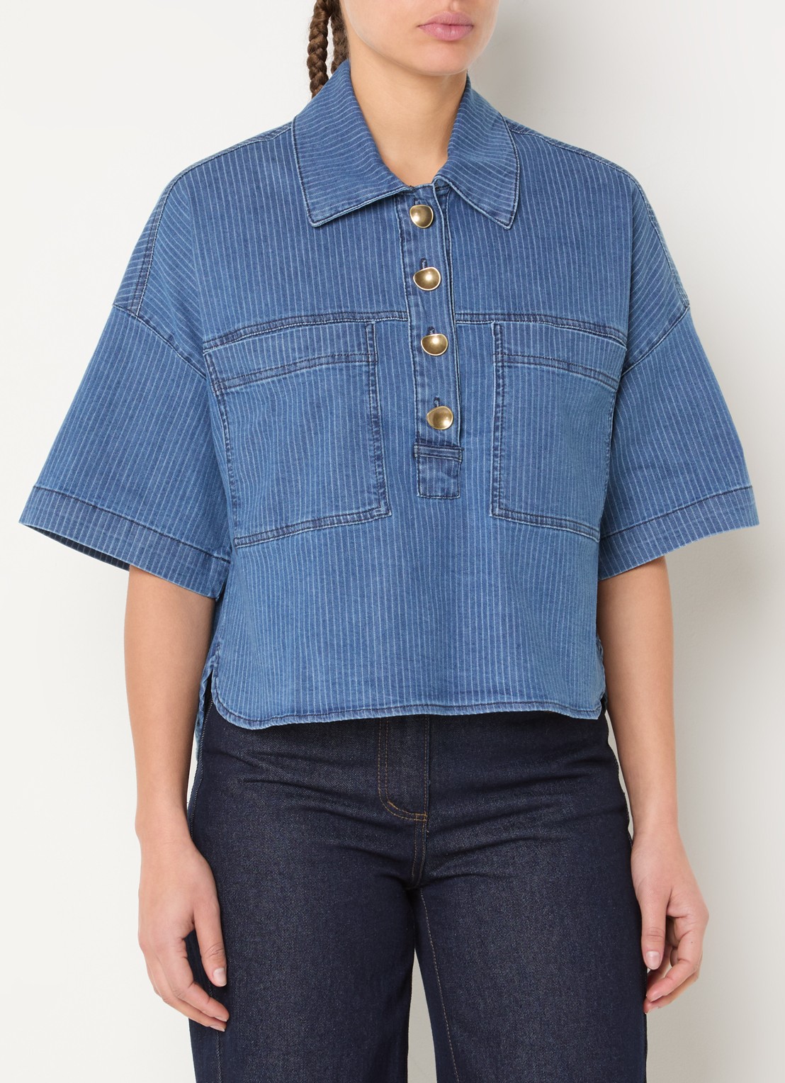 Sessùn Newport tuniek van denim met borstzakken - detail blauw