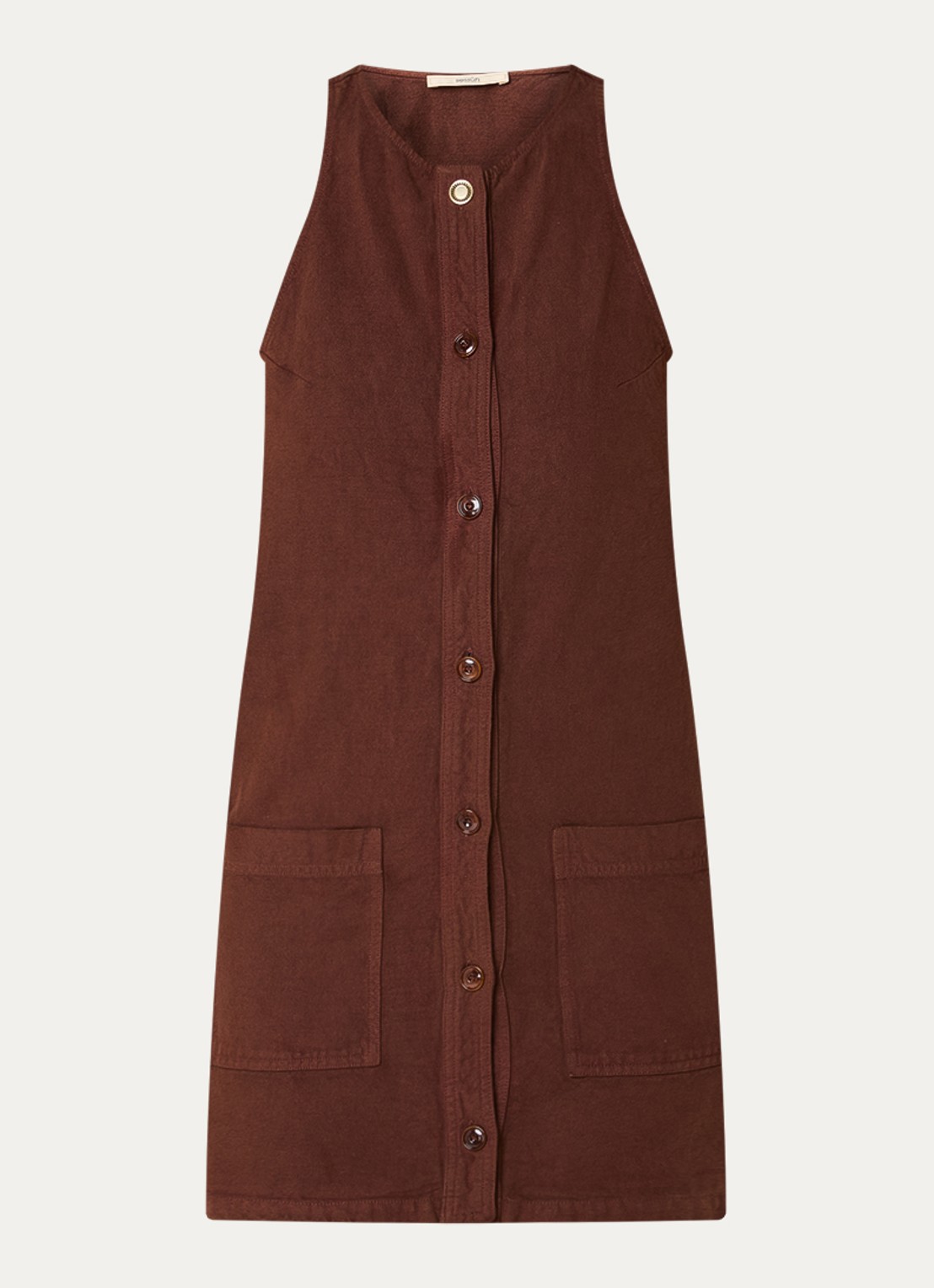 Sessùn Ondine mini jurk van canvas in linnenblend met opgestikte zakken - voorkant 3 bruin
