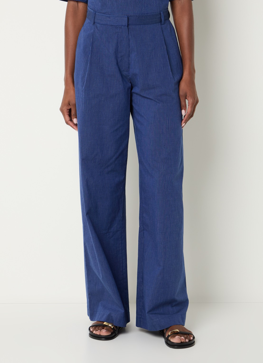 Sessùn Provencia high waist straight fit pantalon met streepprint - detail 3 donkerblauw